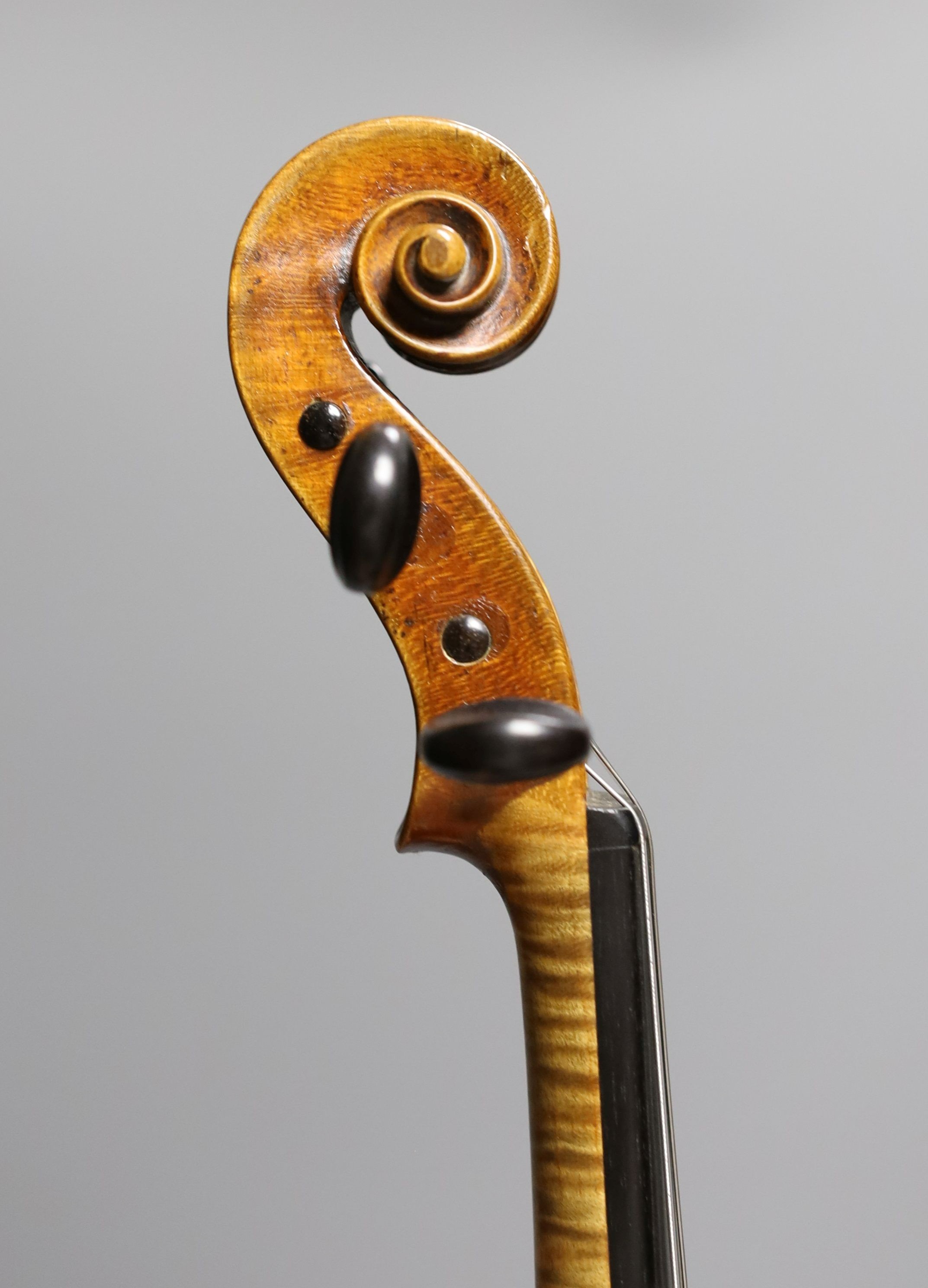A 19th century violin labelled JB Guadagnini, back measures 35cm, with two bows, one silver-mounted.